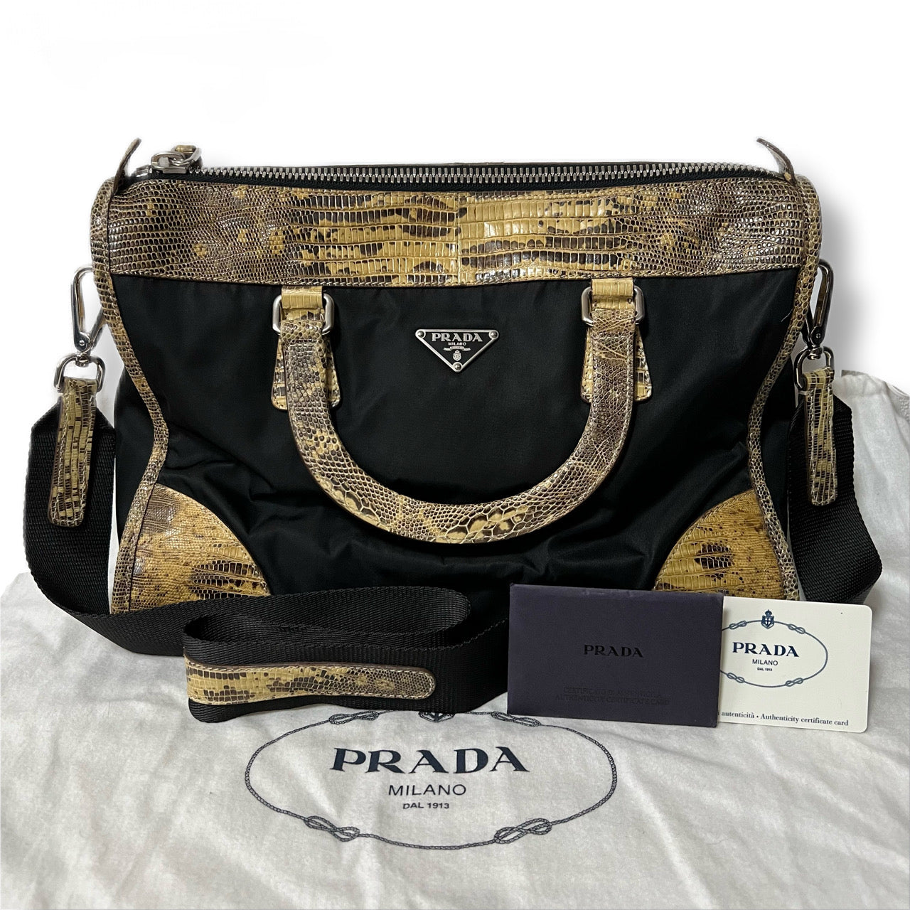 PRADA TESSUTO LIZAR handbag shoulder bag leather nylon